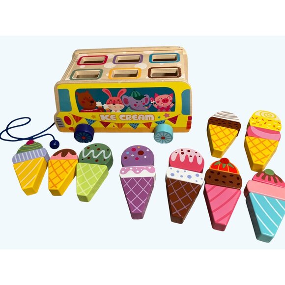 Wooden Ice Cream Pull Along Truck Toy With Magnetic Building Ice Cream Blocks - Picture 5 of 16